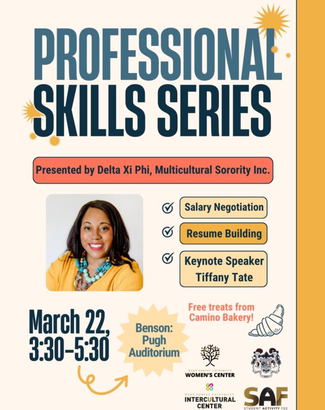Join us, the Women's Center, and Delta Xi Phi this Friday to build upon your professional skills and hear from keynote speaker Tiffany Tate about navigating the career world and professional spaces as a woman.
